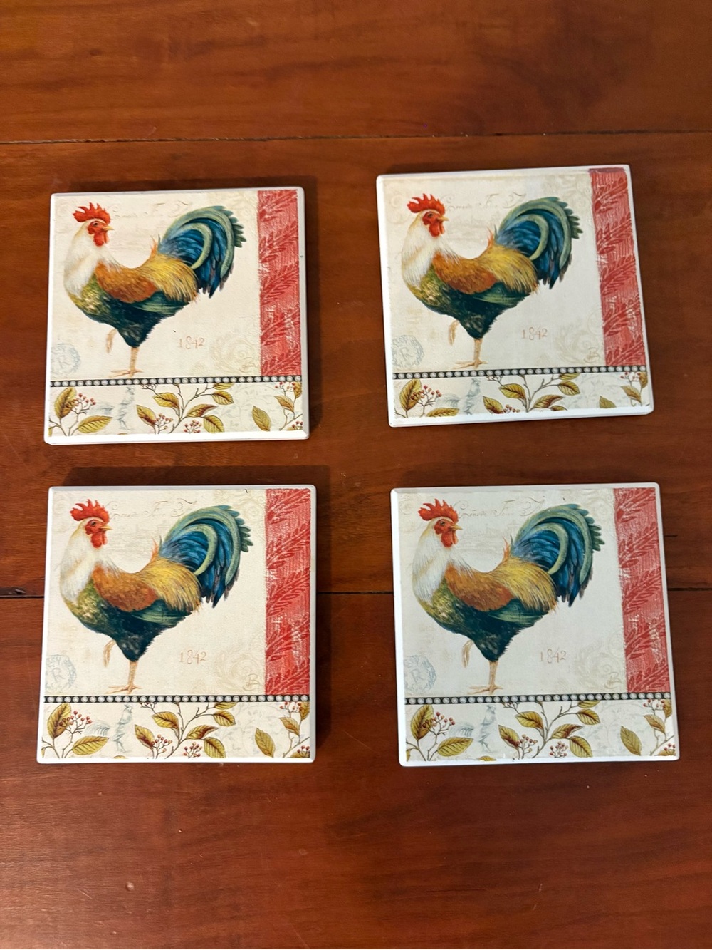 Farmhouse Rooster Ceramic Coasters Cork Back Set of 4